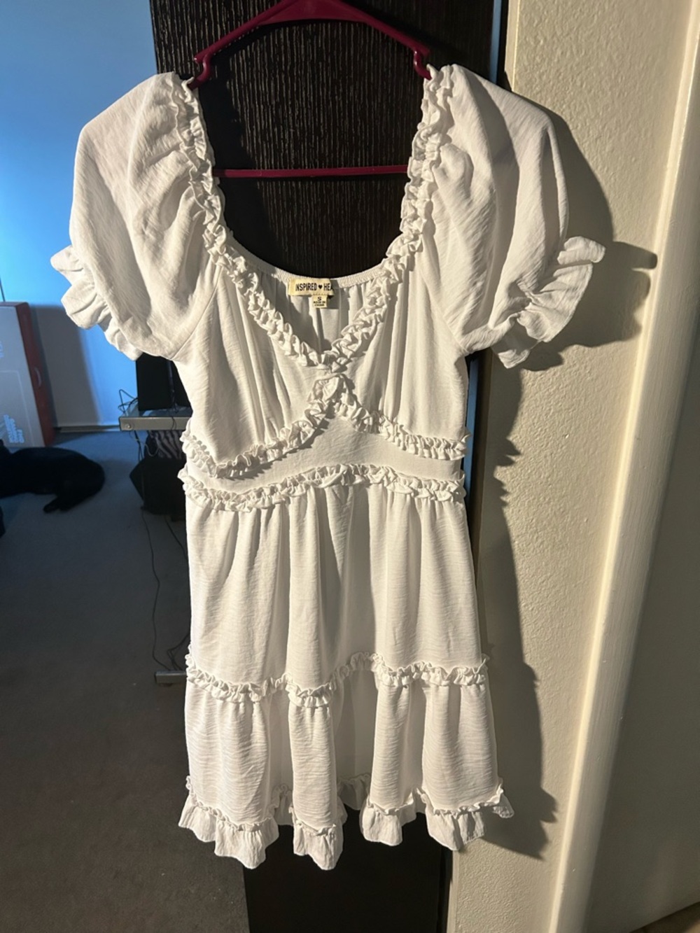 Inspired Hearts White Ruffle-Neckline Dress